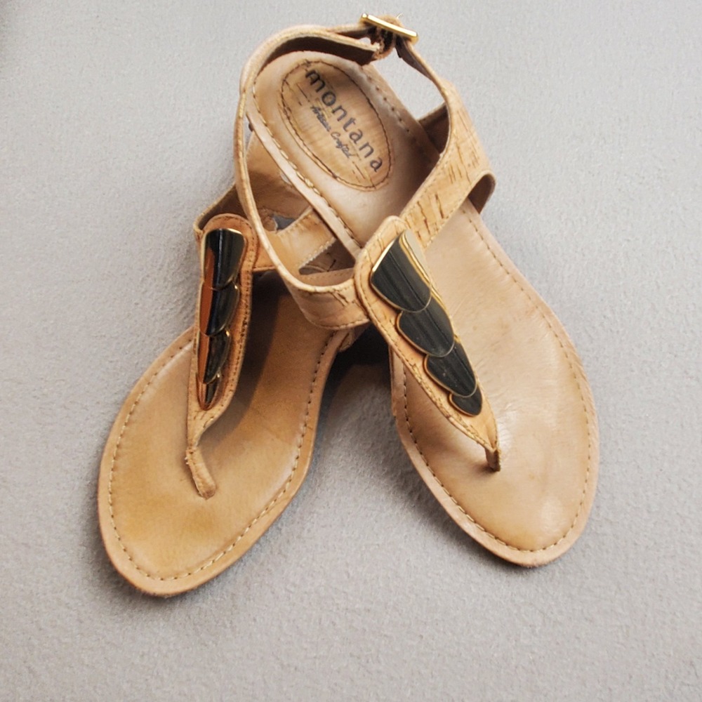 Montana Artisan Women's Size 8M Sandal Leather Logo Thong Cork Gold Wedge Heel